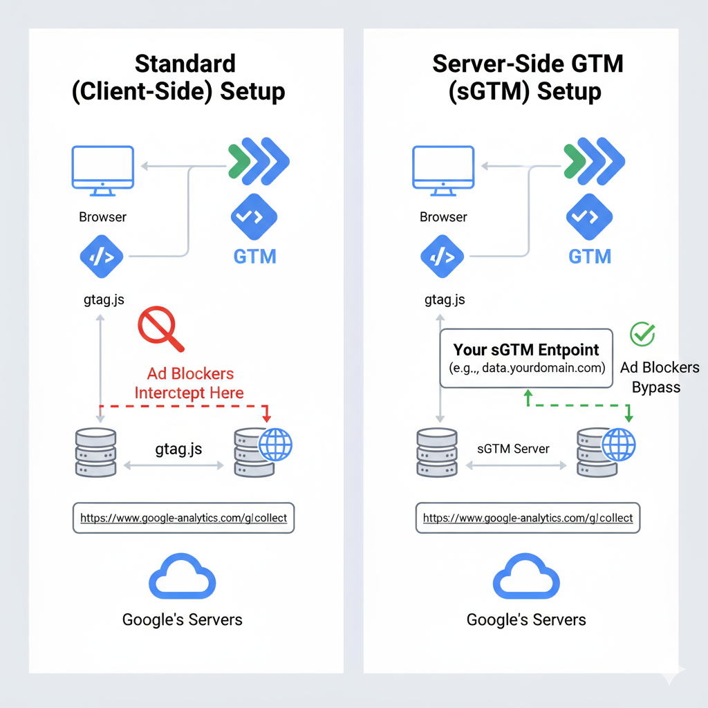 Standard GTM vs Server-Side GTM: Ad Blocker Interception